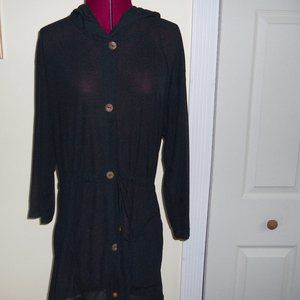 J. Valdi S Black  Hooded Coverup Button Front Drawstring Waist Sheer Fabric
